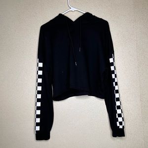 Black Cropped Hoodie With Checkered Sleeves